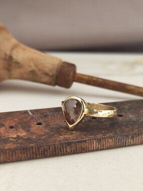 14K Solid Gold Pear Shape Brown Gray Diamond Ring, Bezel Set Engagement Ring